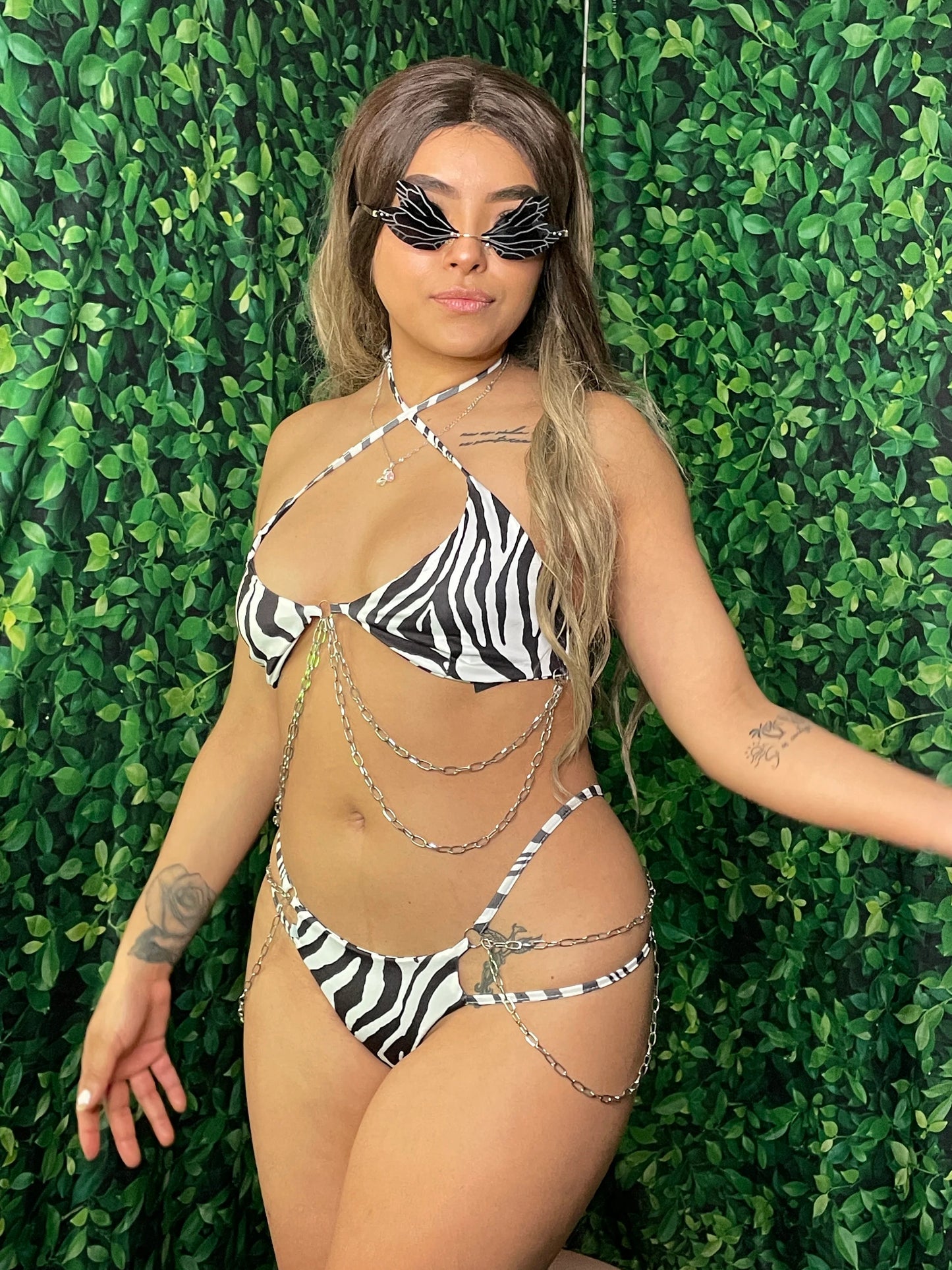 Black and White with Chains 2 Piece. Bikini with Chains. Rave Chains Look.