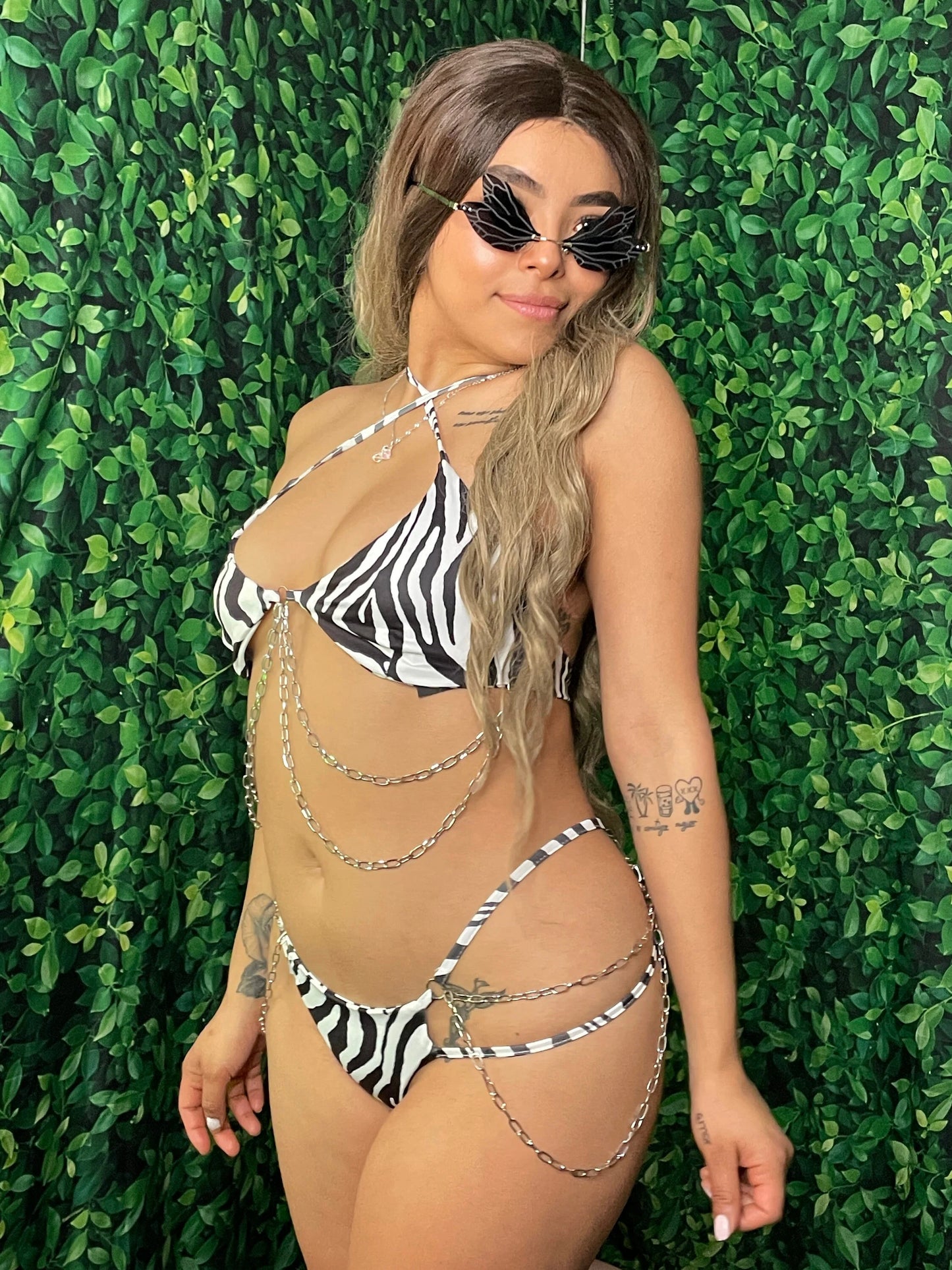 Black and White with Chains 2 Piece. Bikini with Chains. Rave Chains Look.